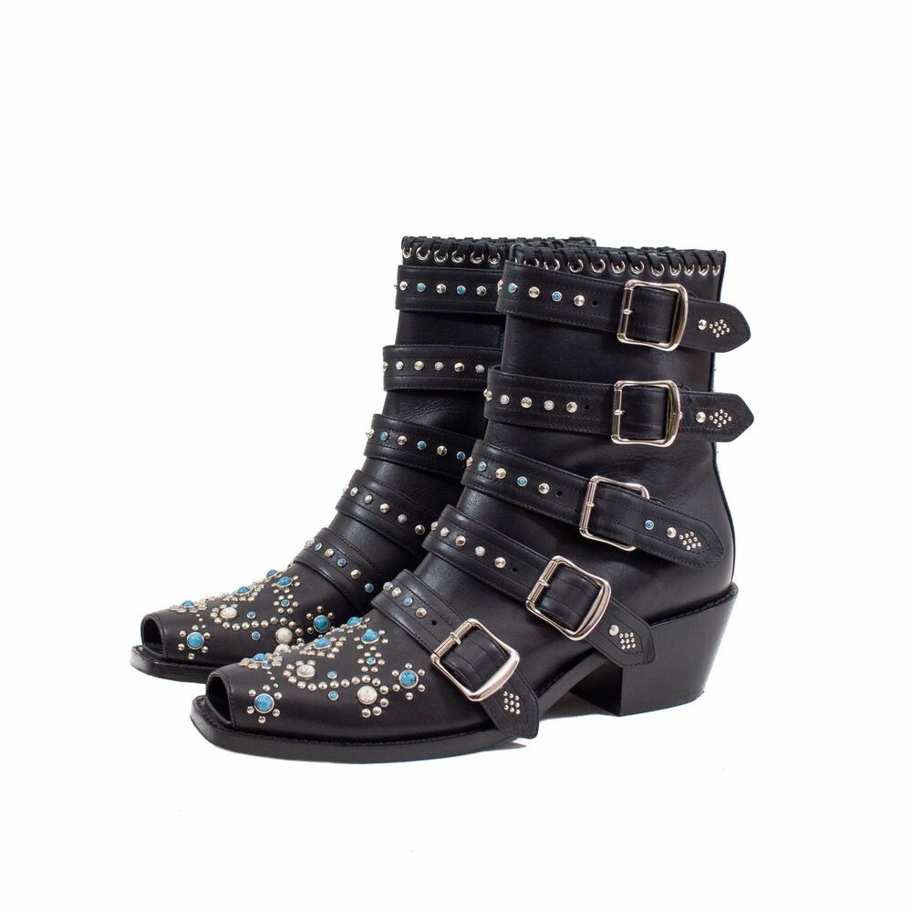 1150$ Burberry Albertina Studded Peep-toe Strap Boho Booties In Black US 10 40